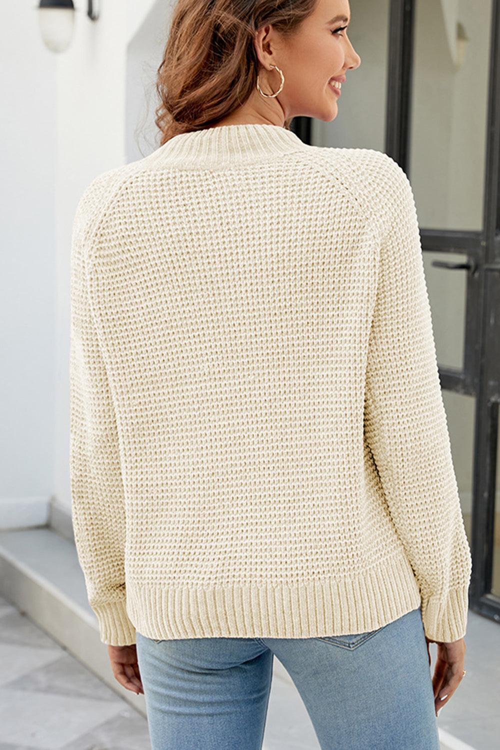 Waffle-Knit Mock Neck Raglan Sleeve Sweater - Sweater