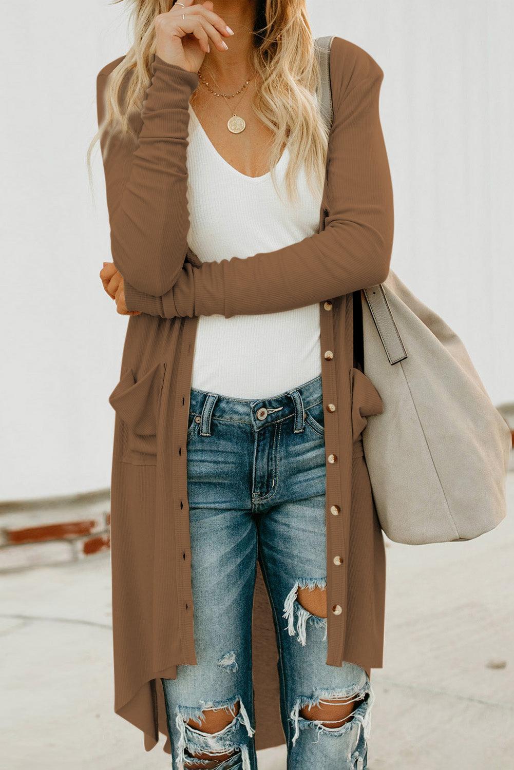 Buttoned V-Neck Long Sleeve Cardigan with Pockets - Cardigan