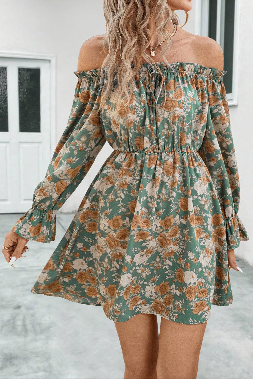 Floral Off-Shoulder Flounce Sleeve Dress - Dresses