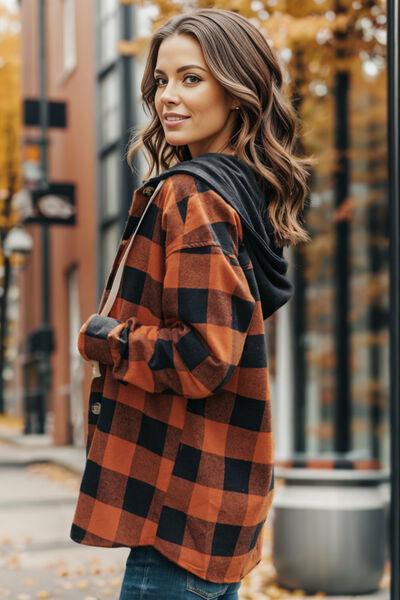 Plaid Button Up Drawstring Hooded Shacket - Jacket