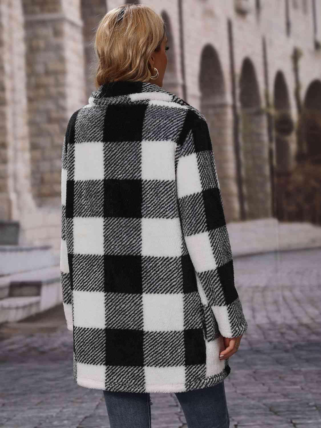 Plaid Collared Neck Fleece Coat - Coat