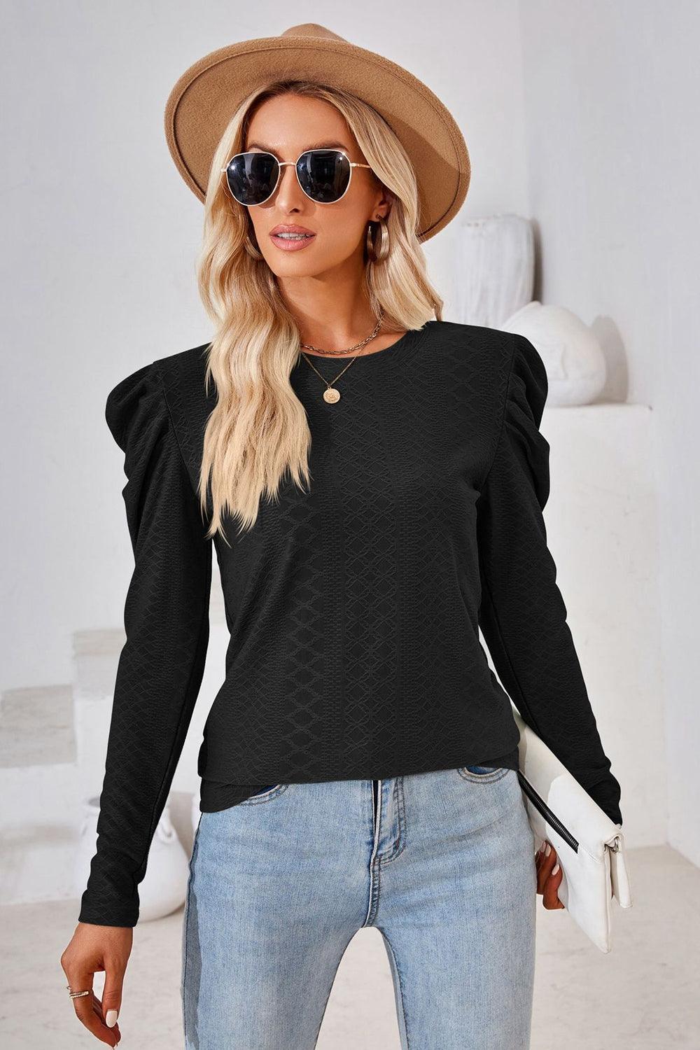 Round Neck Long Puff Sleeves Top - Top