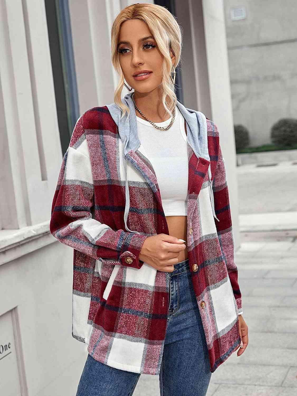 Plaid Hooded Shacket - Jacket