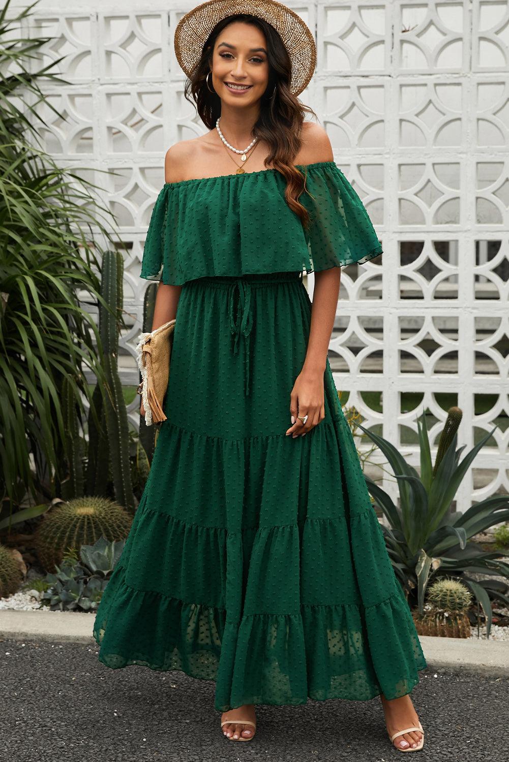 Swiss Dot Off-Shoulder Tiered Maxi Dress - Dresses