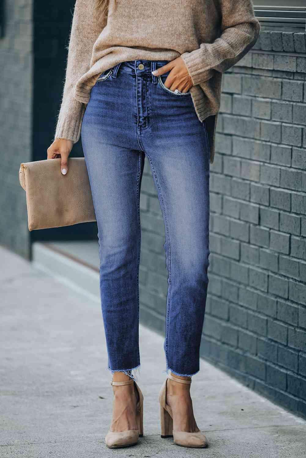 High Waist Raw Hem Skinny Jeans - Jeans