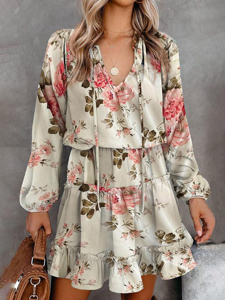 Floral Tie Neck Long Sleeve Dress - Dresses