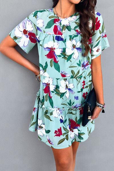 Floral Tiered Round Neck Mini Dress - Dresses