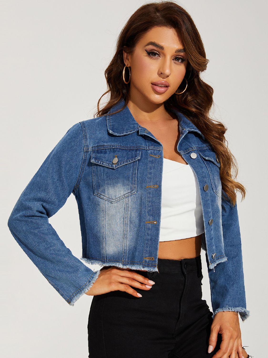 Collared Neck Raw Hem Cropped Denim Jacket - Jacket