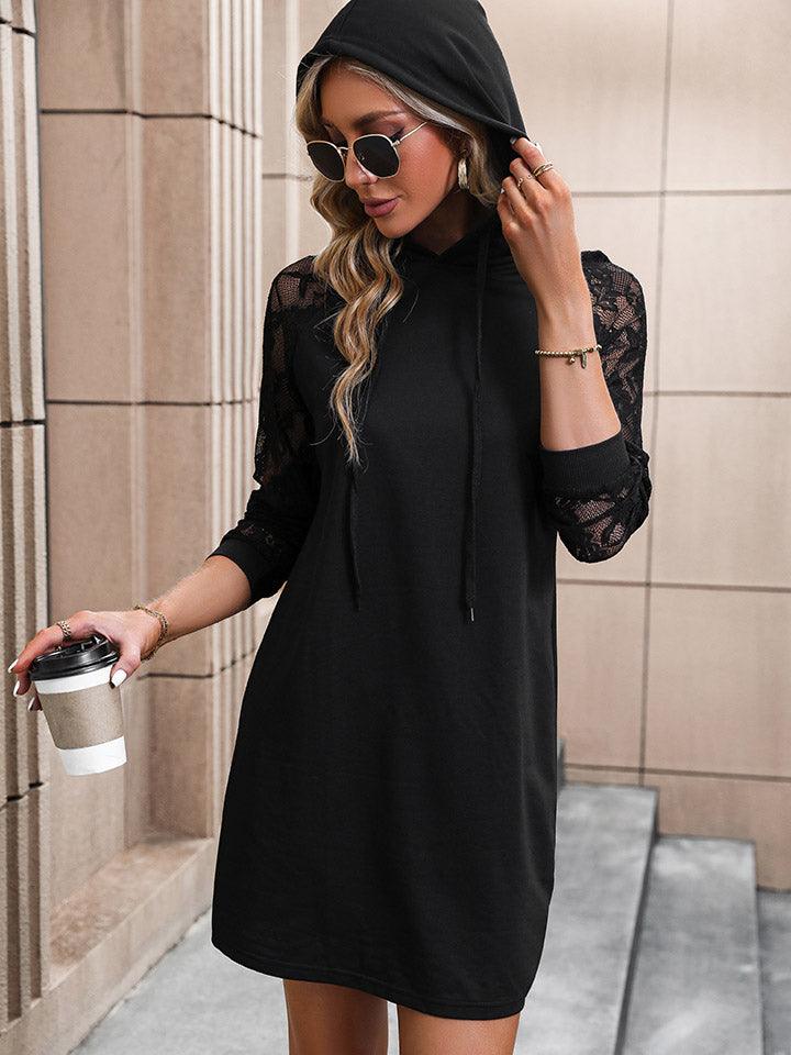 Lace Trim Long Sleeve Hooded Mini Dress - Dresses