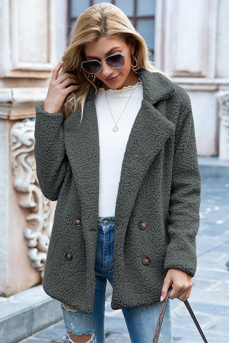 Full Size Lapel Collar Sherpa Coat - Coat