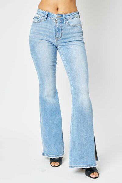 Judy Blue Mid Rise Raw Hem Slit Flare Jeans - Jeans