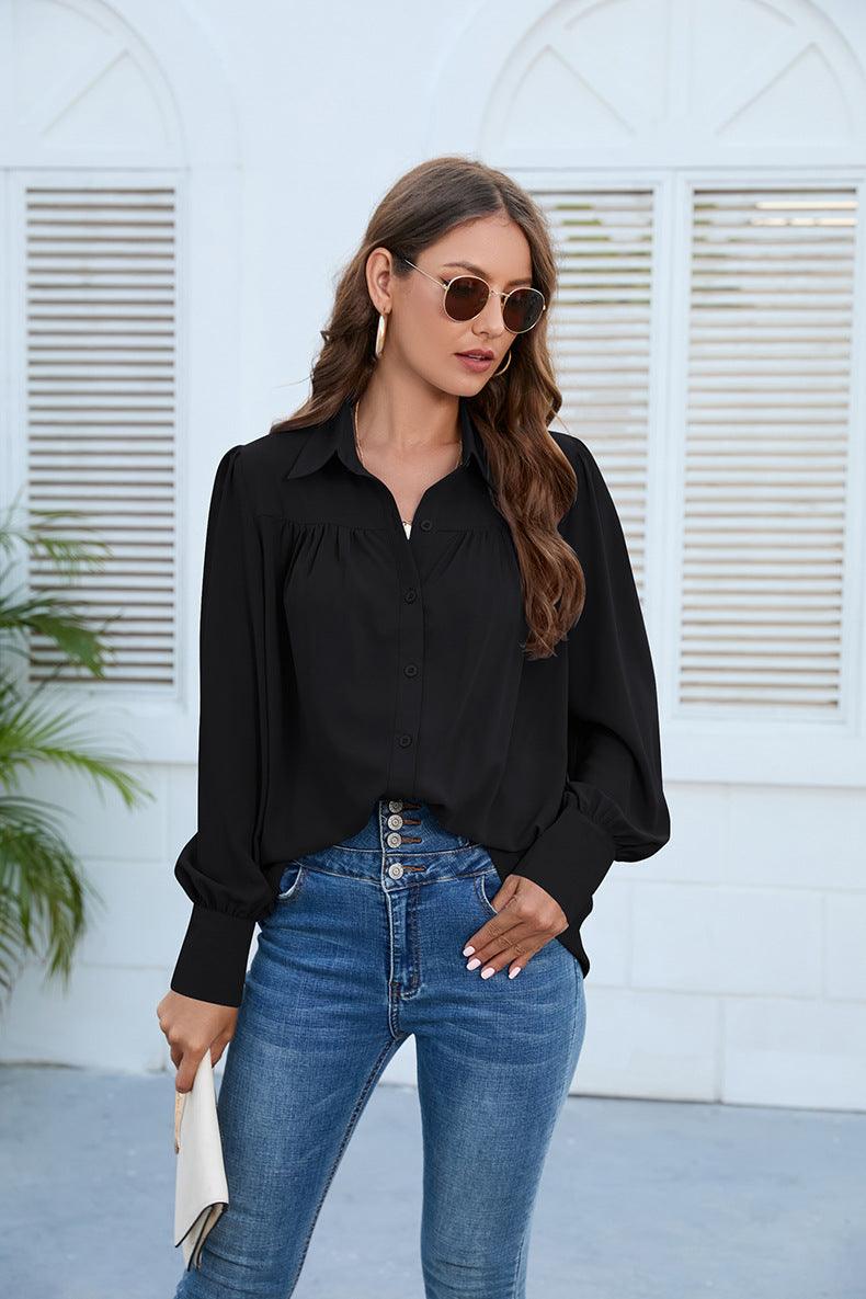 Puff Long Sleeve Collared Neck Ruched Shirt - Shirt