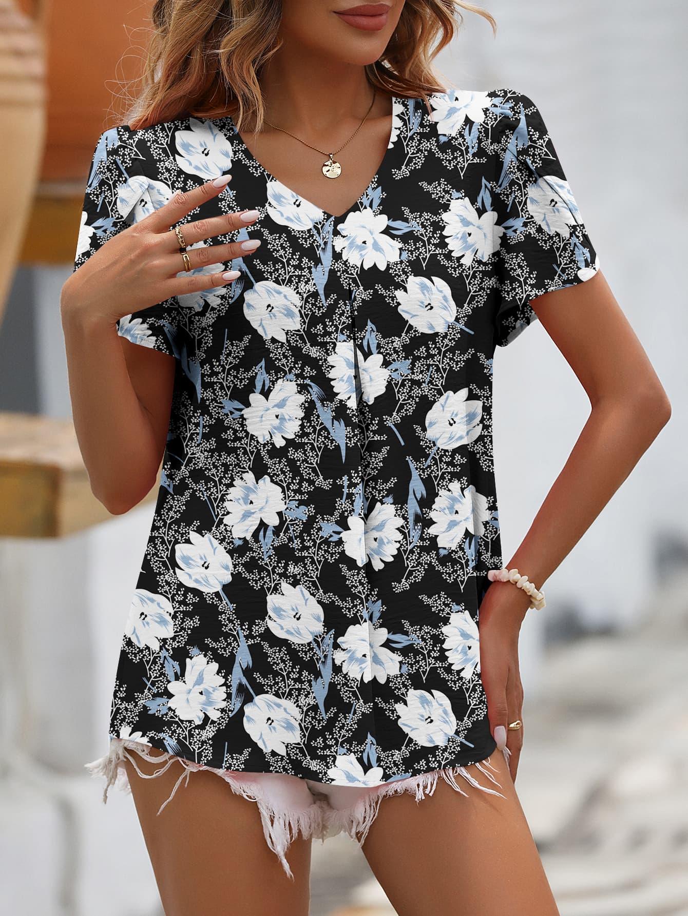 Ruched V-Neck Short Petal Sleeve Top - Top