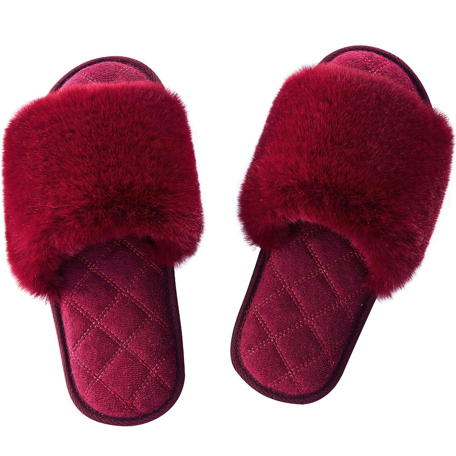 Faux Fur Open Toe Slippers - Slippers
