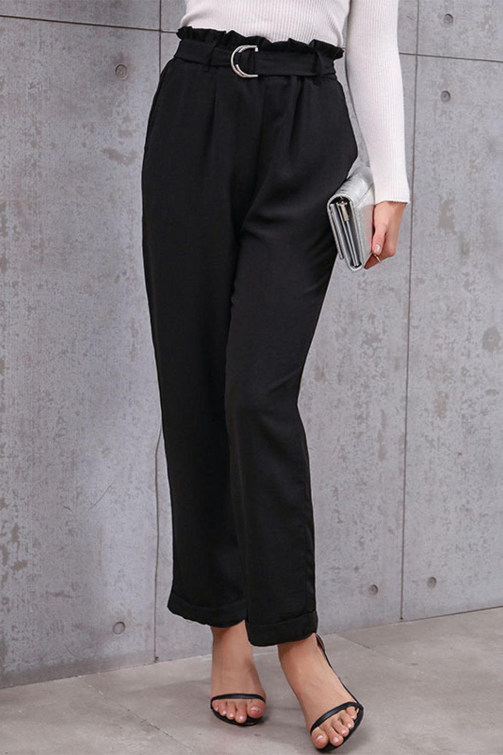 Cropped Belted Paperbag Waist Straight Legs Pants - Pant