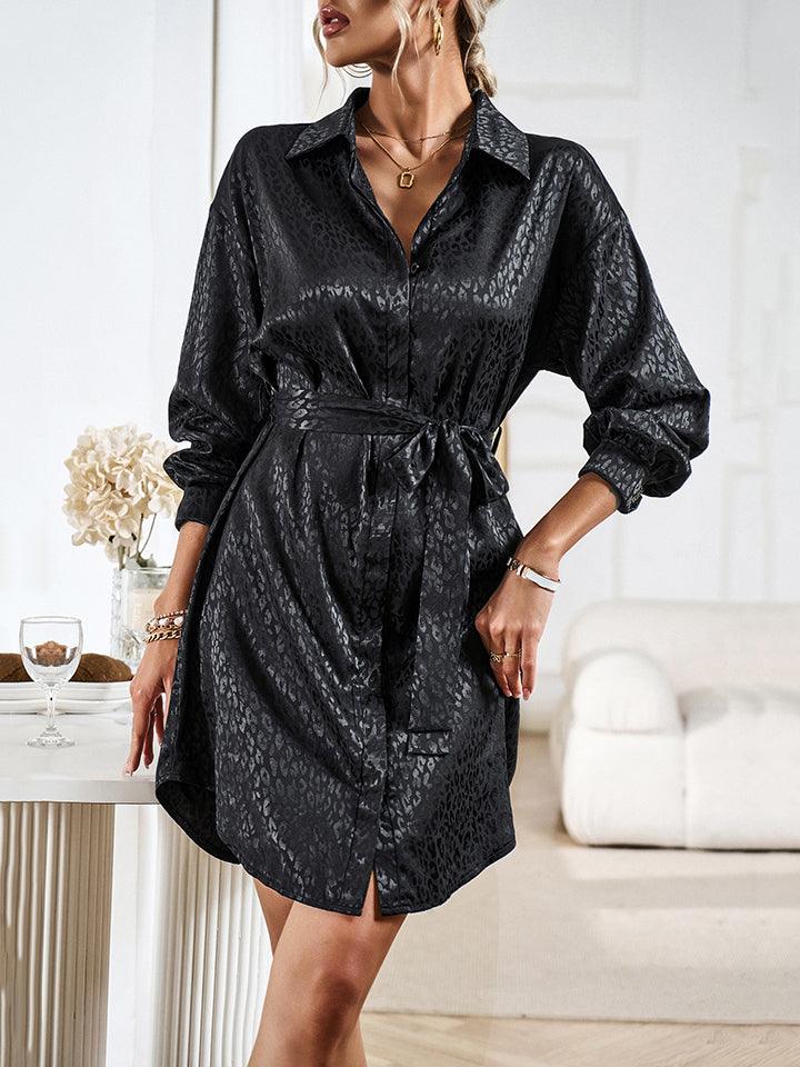 Leopard Tie Waist Collared Neck Shirt Dress - Dresses