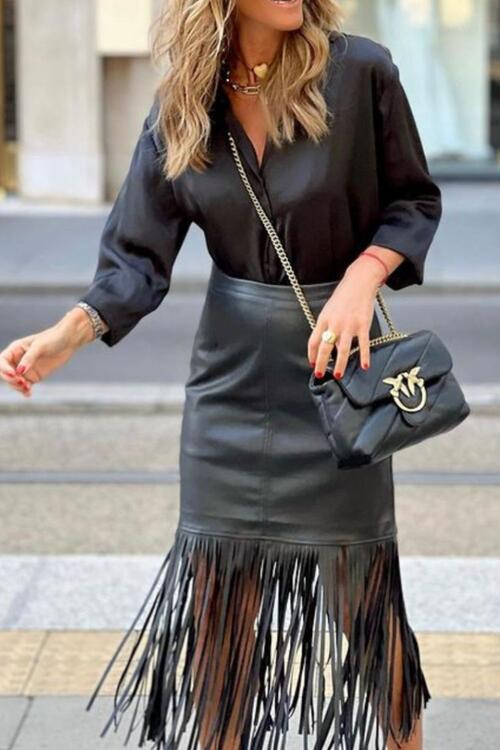 High Waist Fringe Hem Midi Skirt