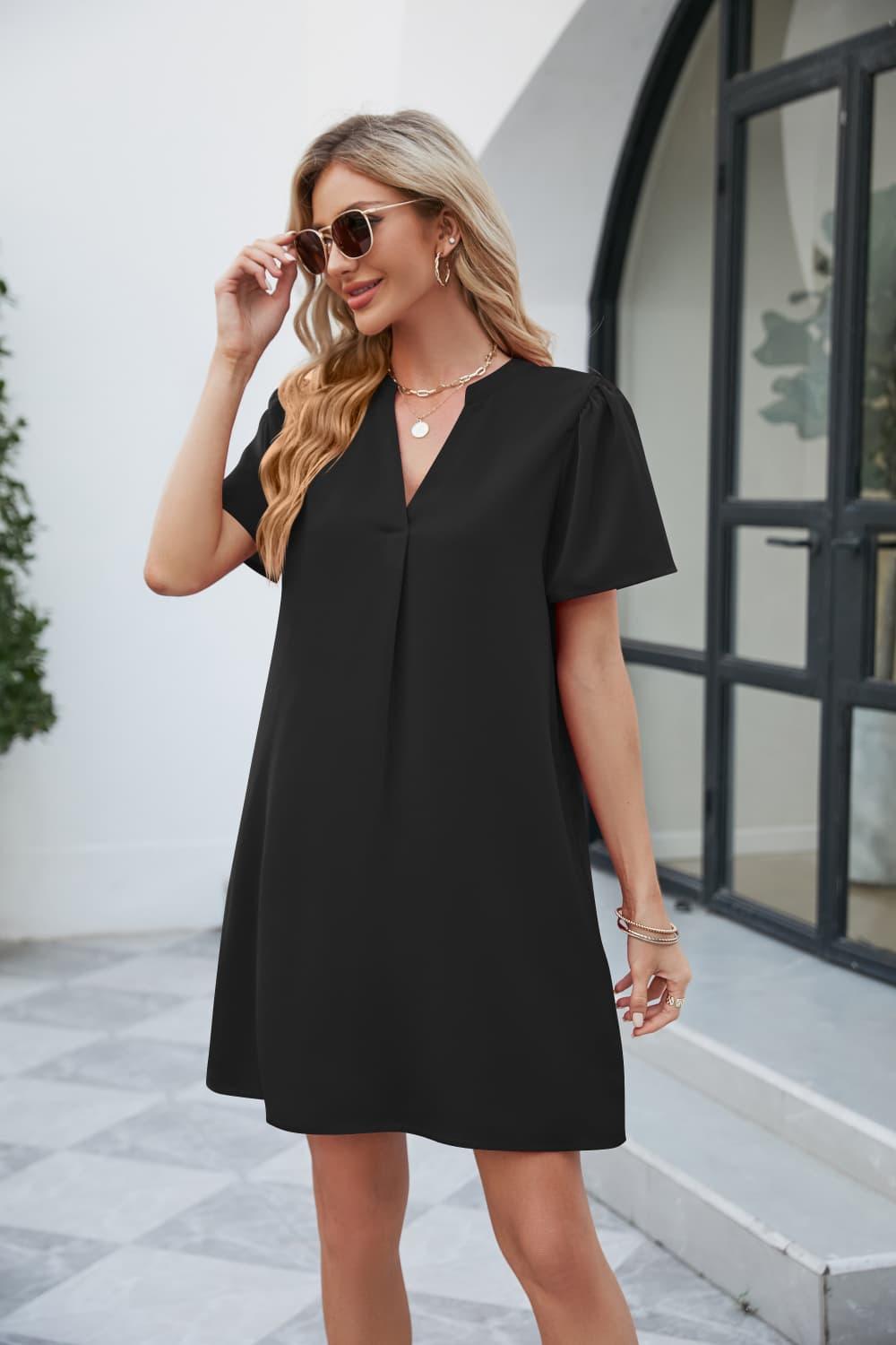 Notched Puff Sleeve Mini Shift Dress - Dresses