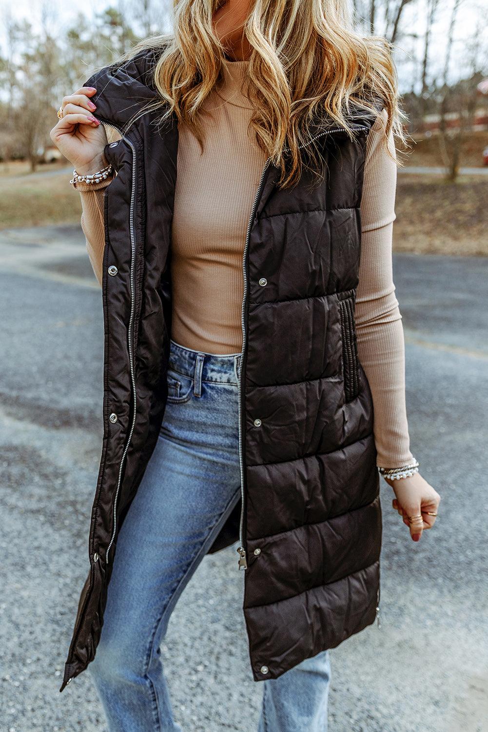 Longline Hooded Sleeveless Puffer Vest - Vest