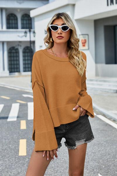 High-Low Slit Round Neck Sweater - Sweater