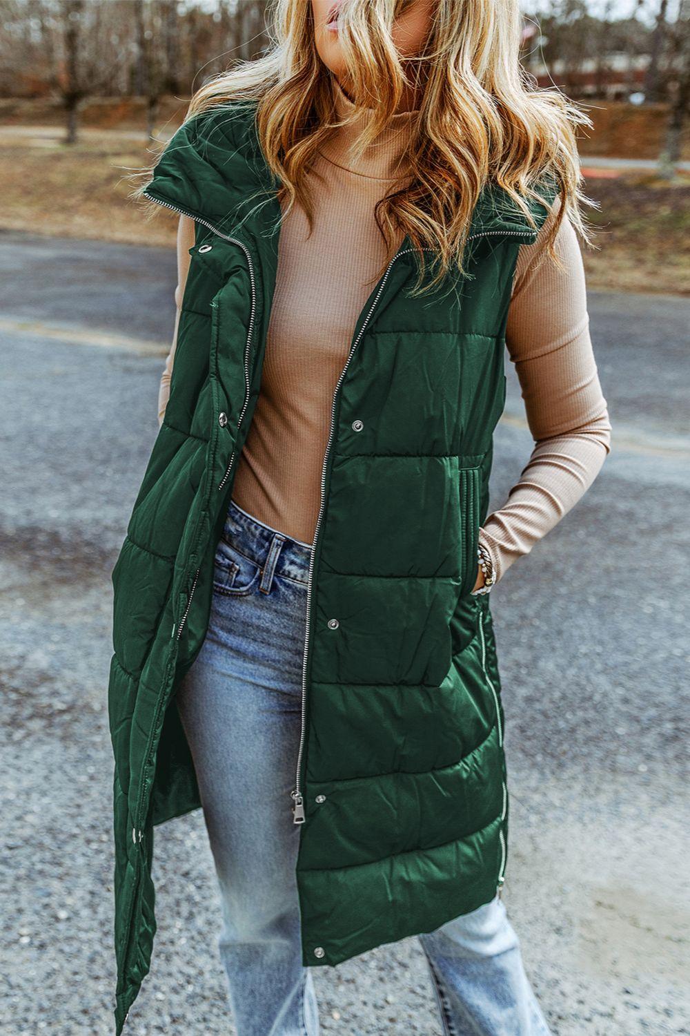 Longline Hooded Sleeveless Puffer Vest - Vest