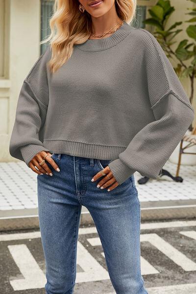 Round Neck Dropped Shoulder Crop Sweater - Sweater