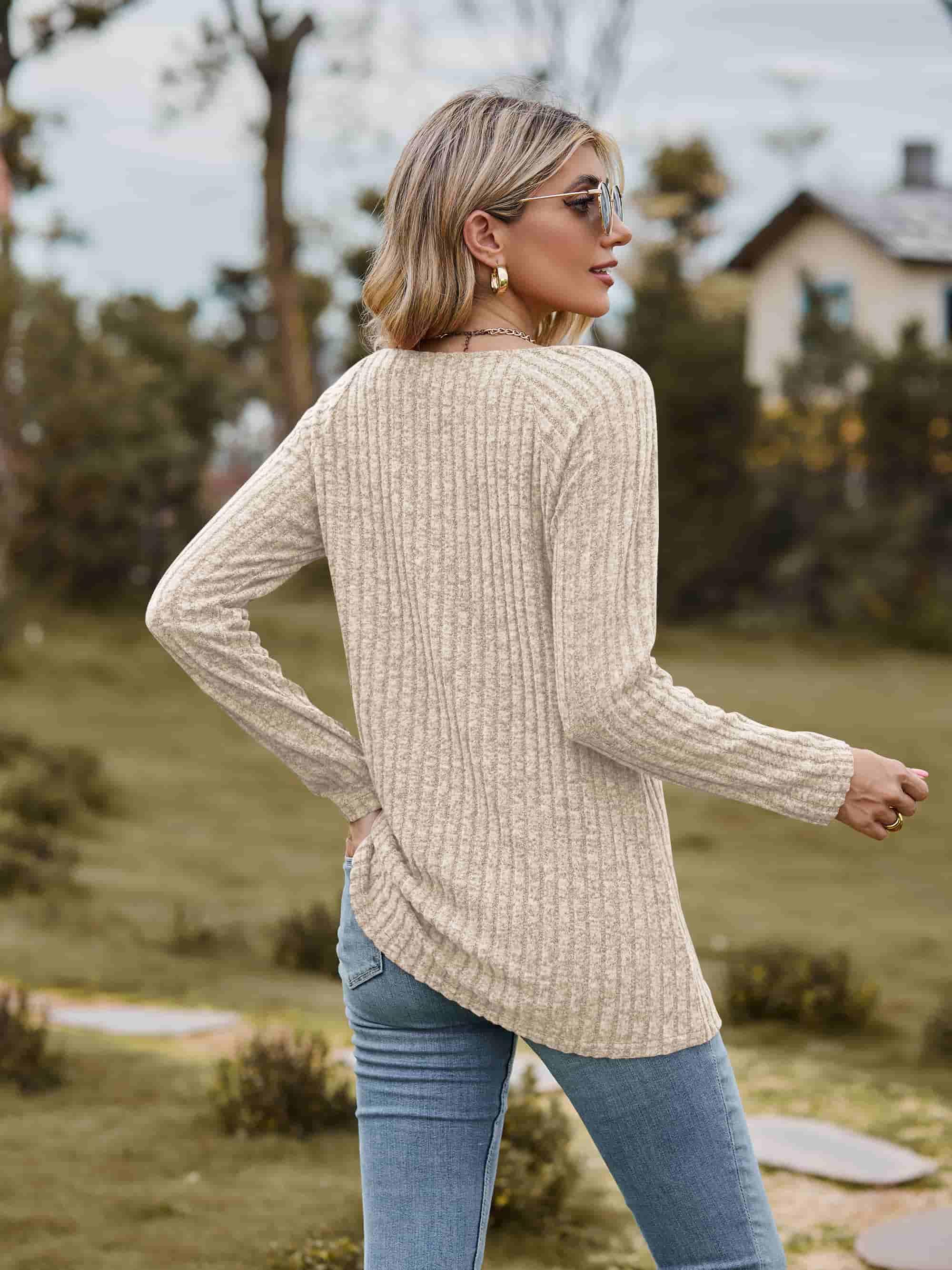 Ribbed Square Neck Long Sleeve Top - Top