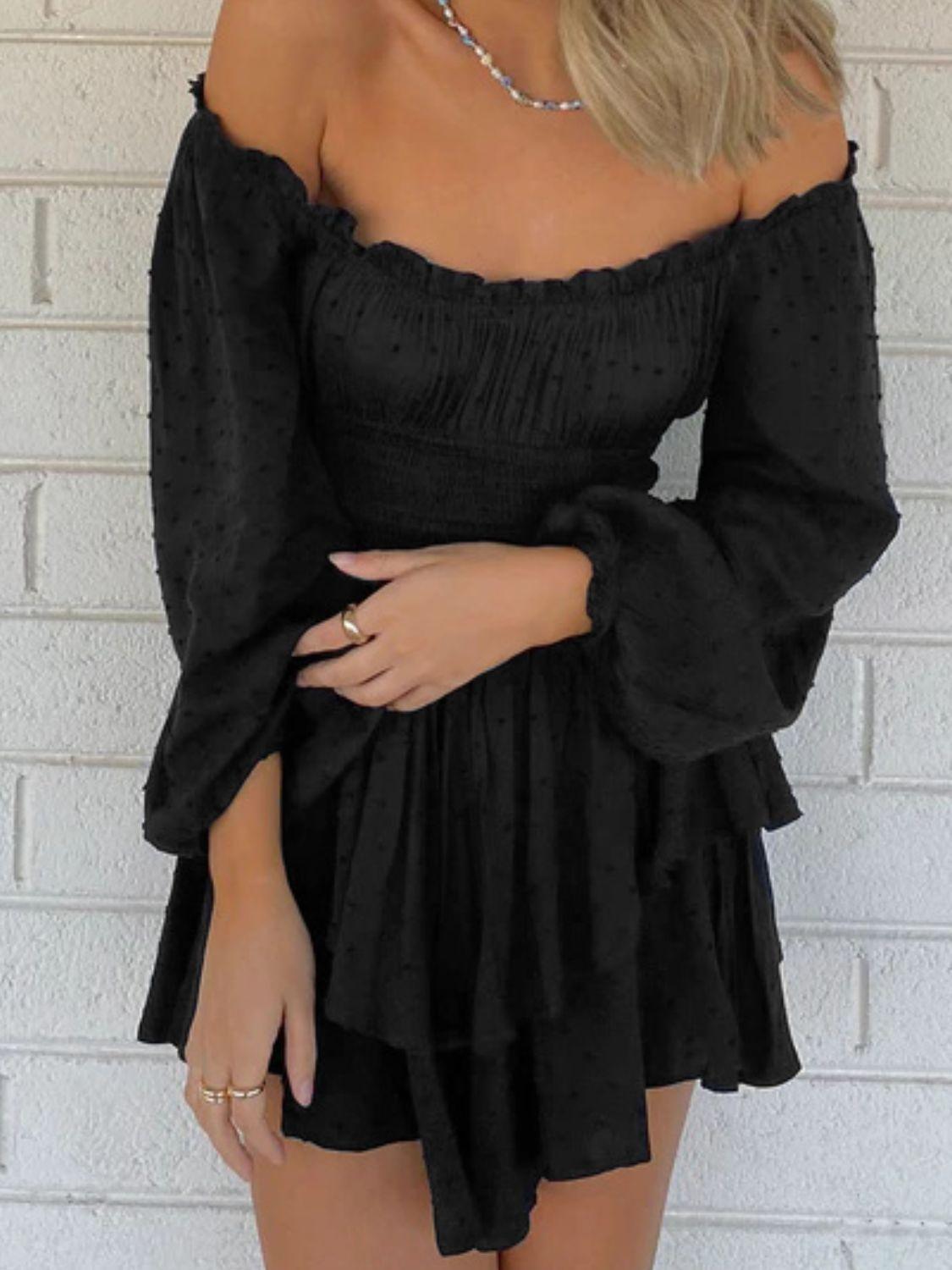 Off Shoulder Smocked Waist Long Sleeve Mini Dress - Dresses