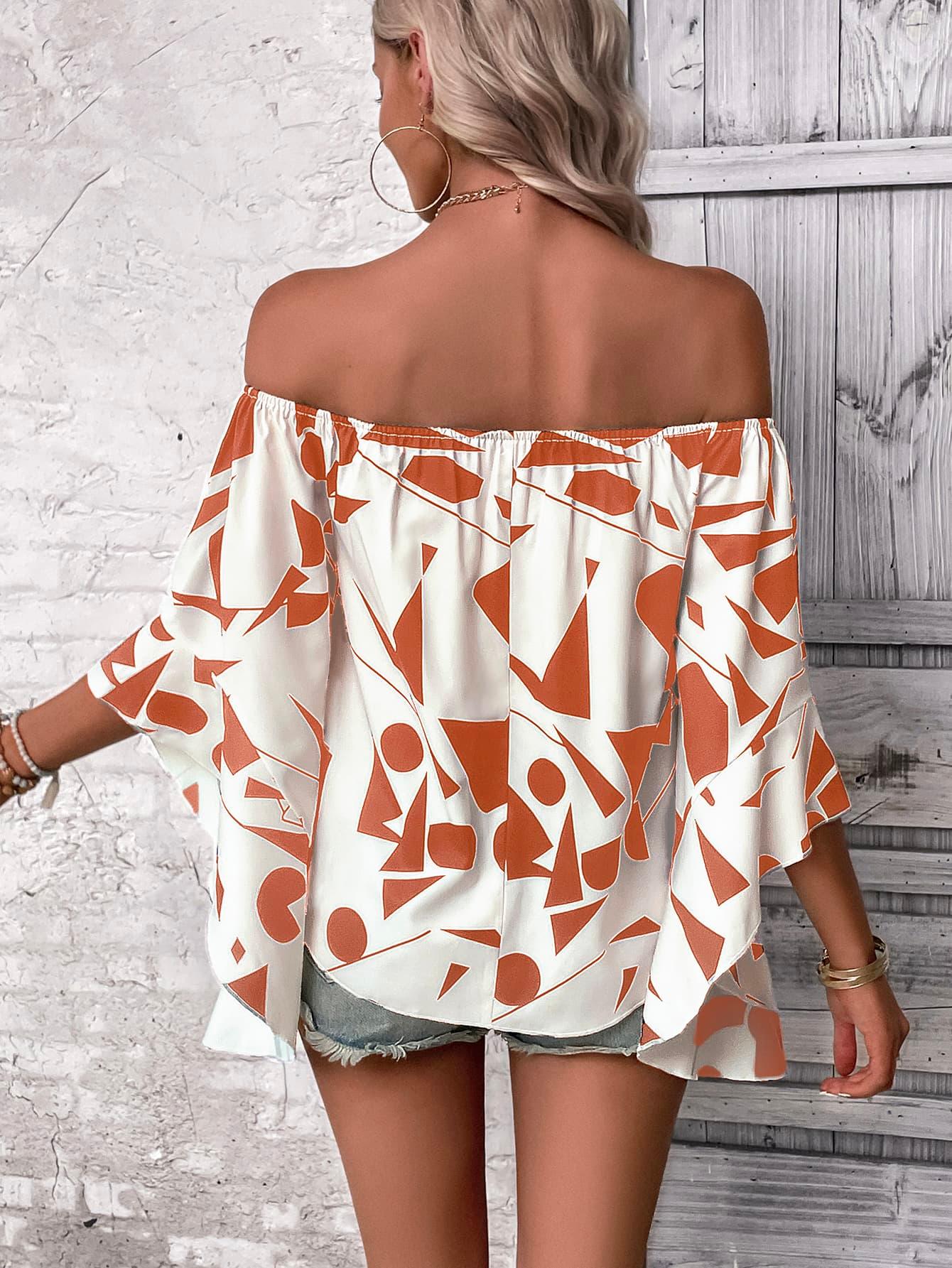 Geometric Off-Shoulder 3/4 Flounce Sleeve Smocked Blouse - Blouse