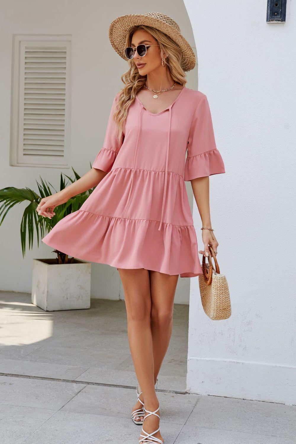 Tied Flounce Sleeve Tiered Mini Dress - Dresses