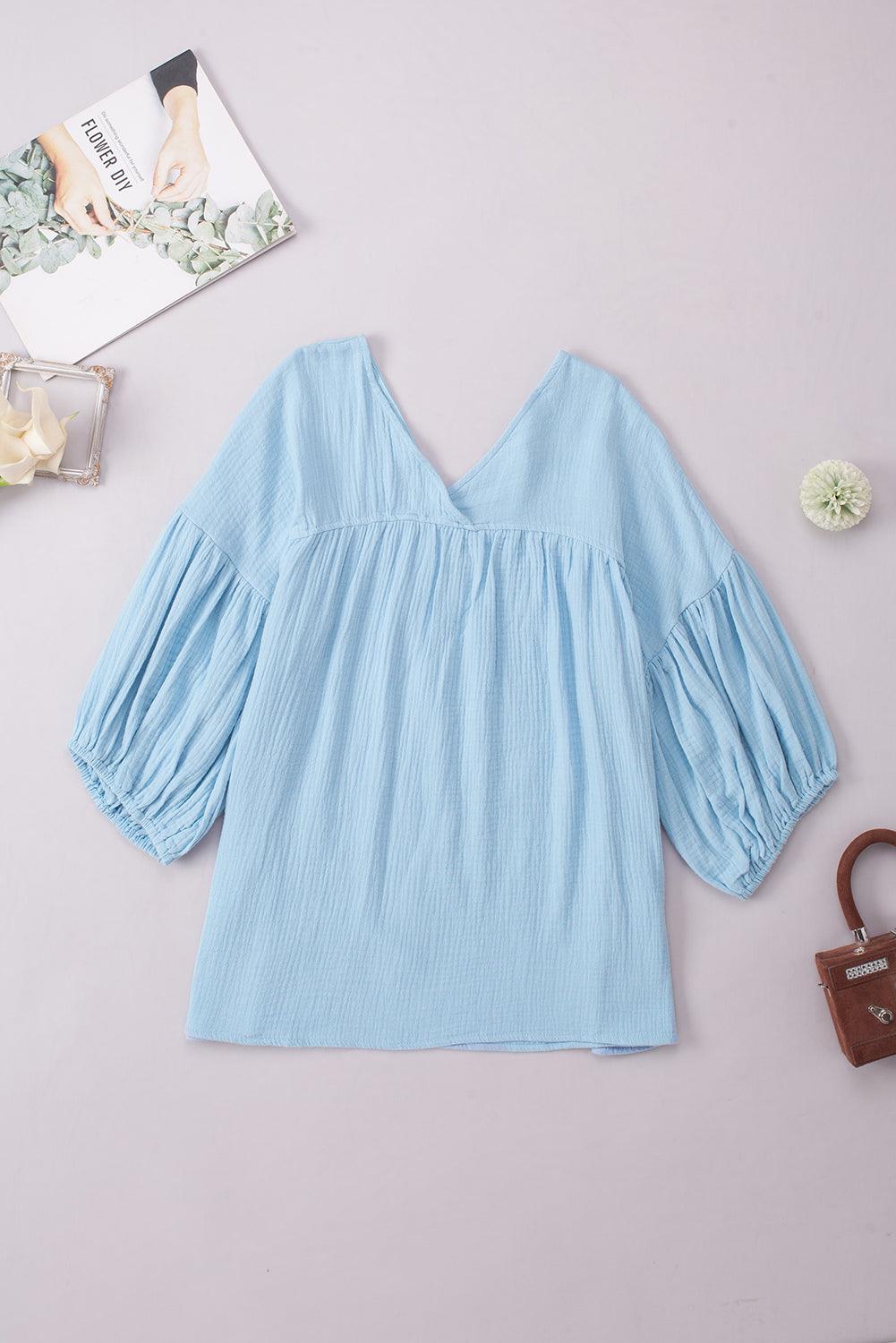 Dropped Shoulder V-Neck Long Peasant Sleeves Blouse - Blouse