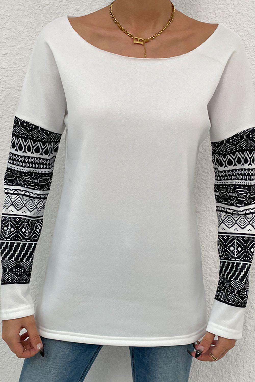 Boat Neck Long Printed Sleeve Top - Top