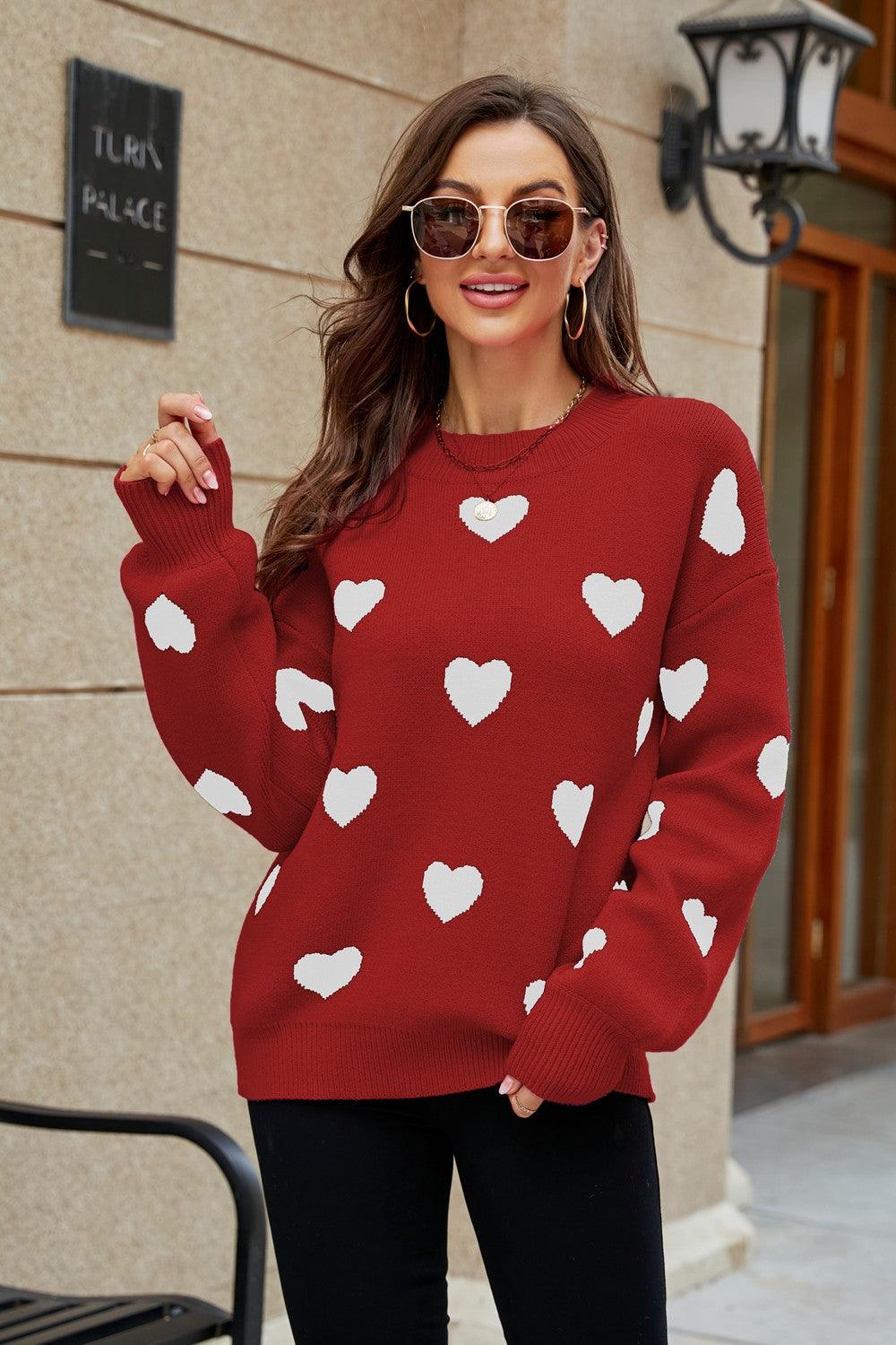 Woven Right Heart Pattern Lantern Sleeve Tunic Sweater - Sweater