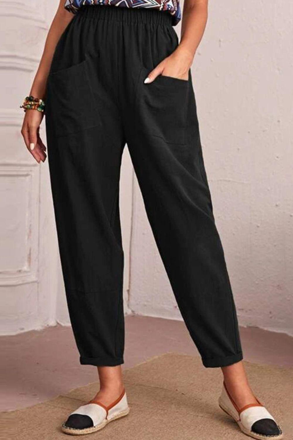 Cropped Elastic High Waist Pocket Tapered Pants - Pant