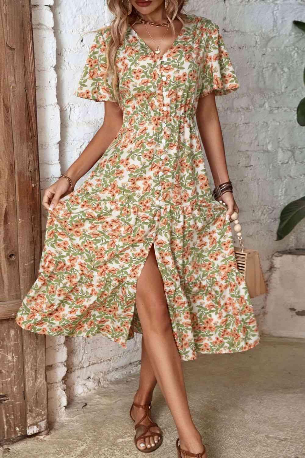 Floral V-Neck Front Slit Shirt Midi Dress - Dresses