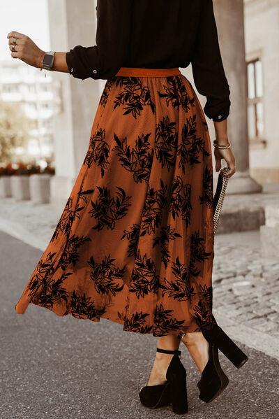 Floral Embroidered High Waist Chiffon Midi Skirt - Skirt