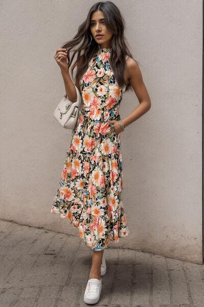 Floral Tiered Pocketed Halter Neck Midi Dress - Dresses