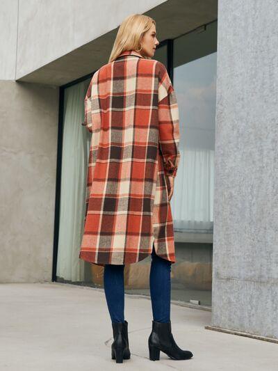 Plaid Pocketed Button Up Trench Coat - Coat