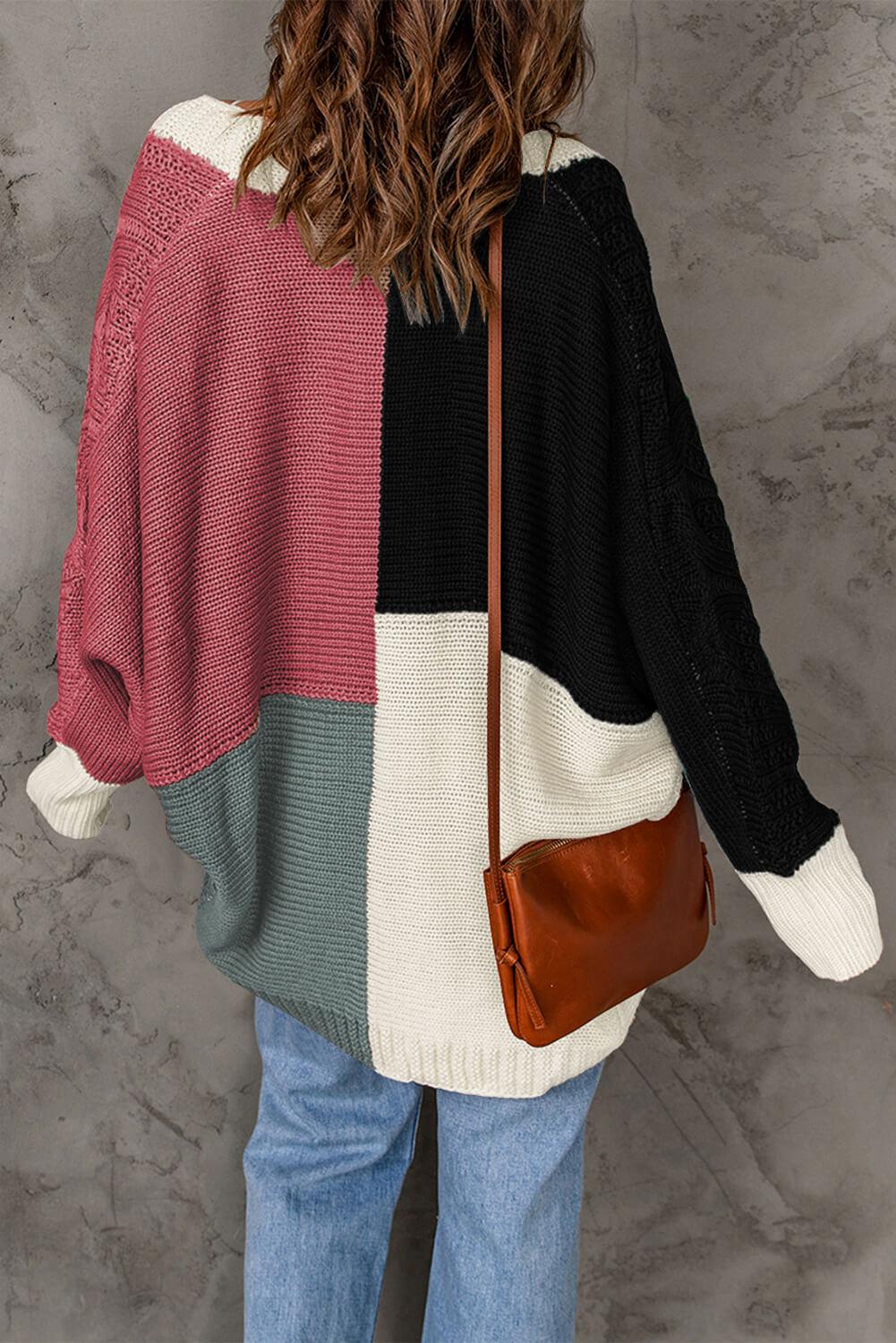 Woven Right Color Block Cable-Knit Batwing Sleeve Cardigan - Cardigan