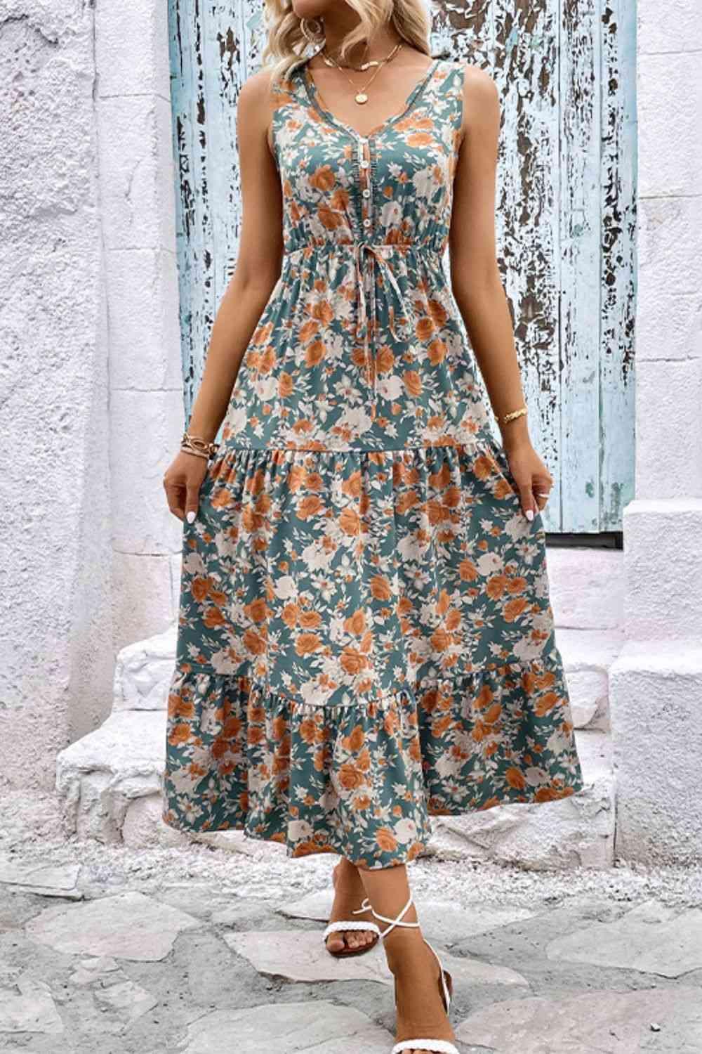 Floral V-Neck Tiered Sleeveless Midi Dress - Dresses