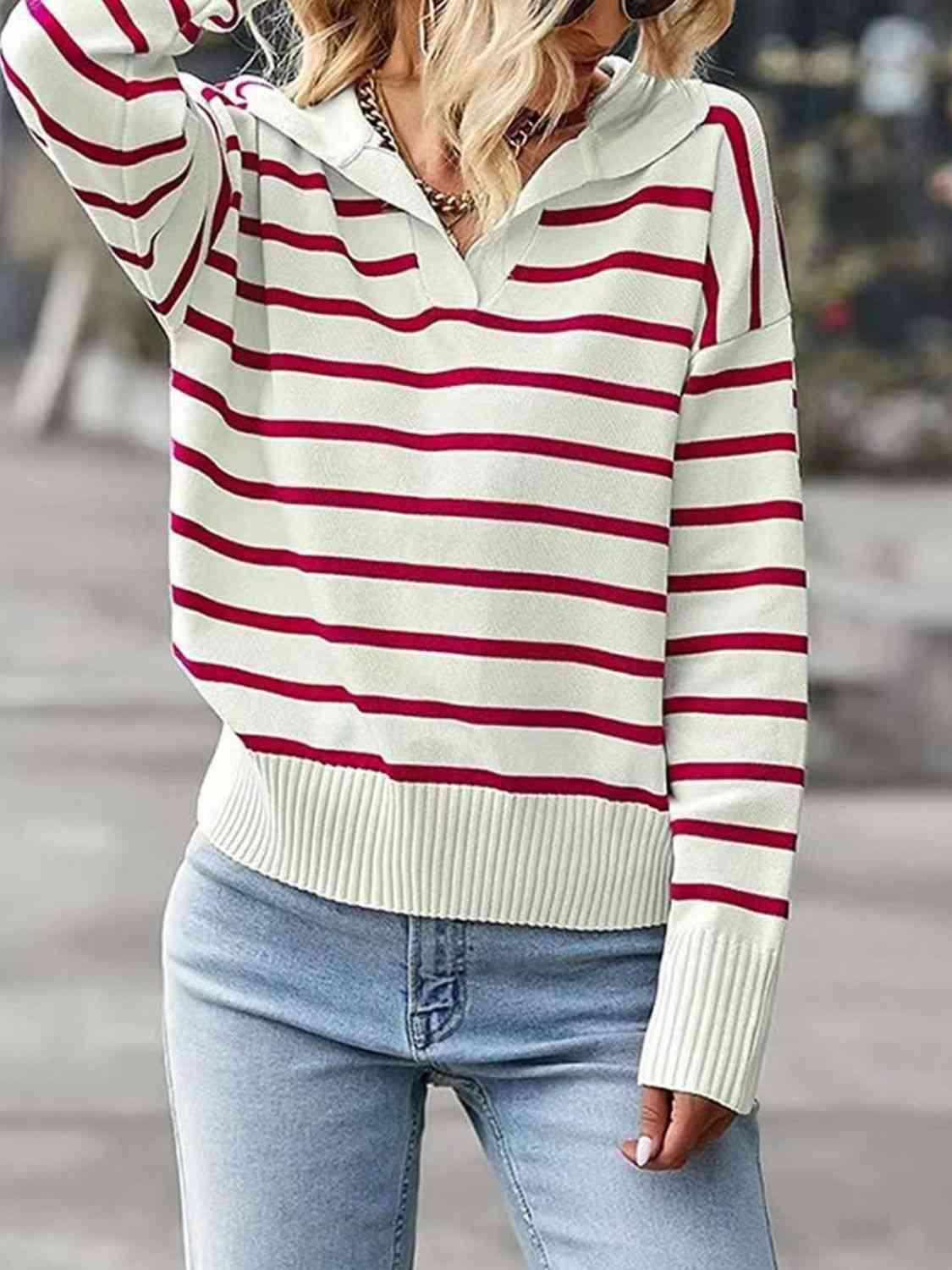 Striped Collared Neck Knit Top - Top