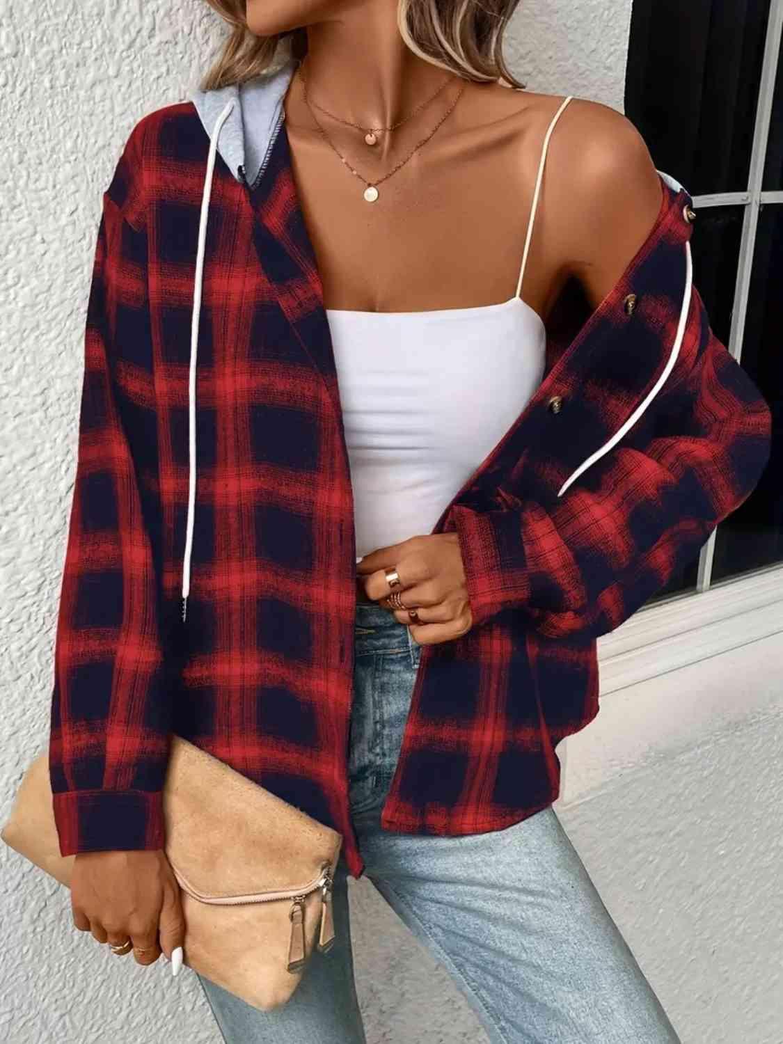 Plaid Drawstring Button Up Hooded Shacket - Jacket