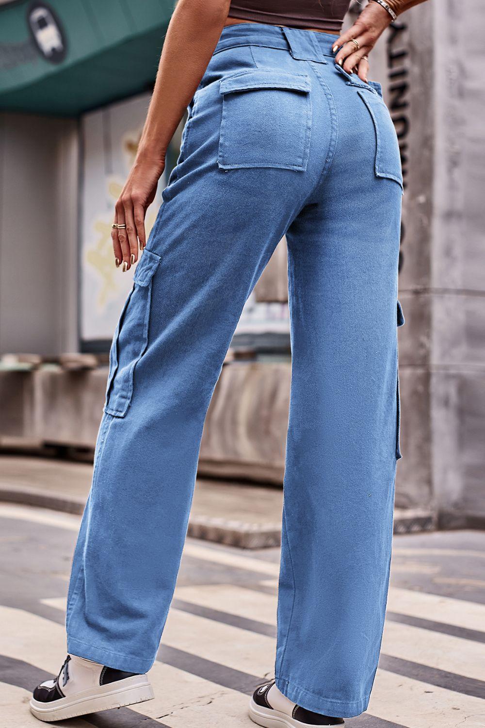 High Waist Loose Fit Straight Leg Cargo Jeans - Jeans