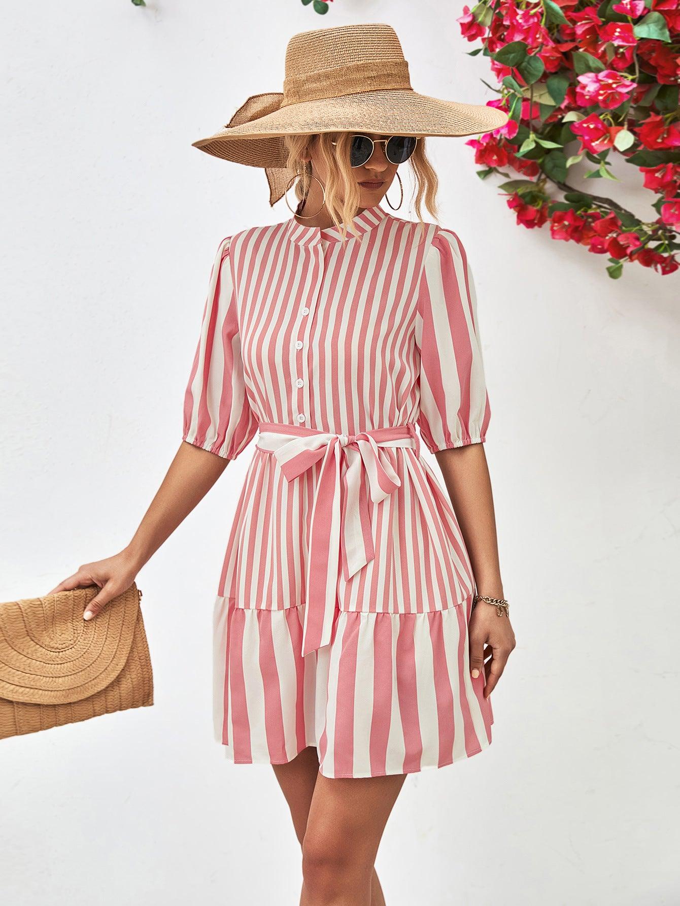 Striped Half Sleeve Tie Waist Mini Dress - Dresses