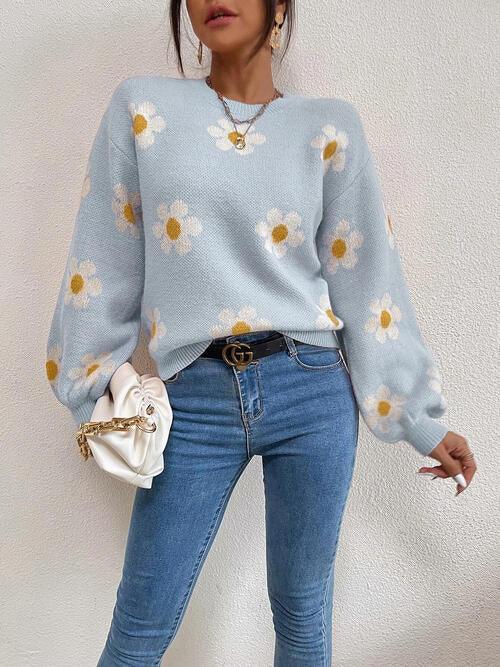 Flower Round Neck Latern Sleeve Sweater - Sweater