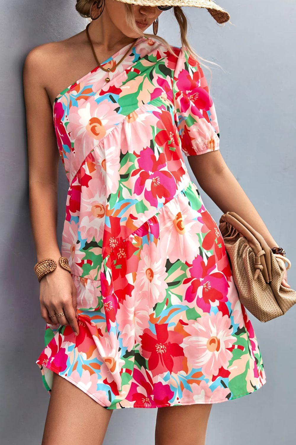 Floral One-Shoulder Peasant Puff Sleeve Short Dress - Dresses