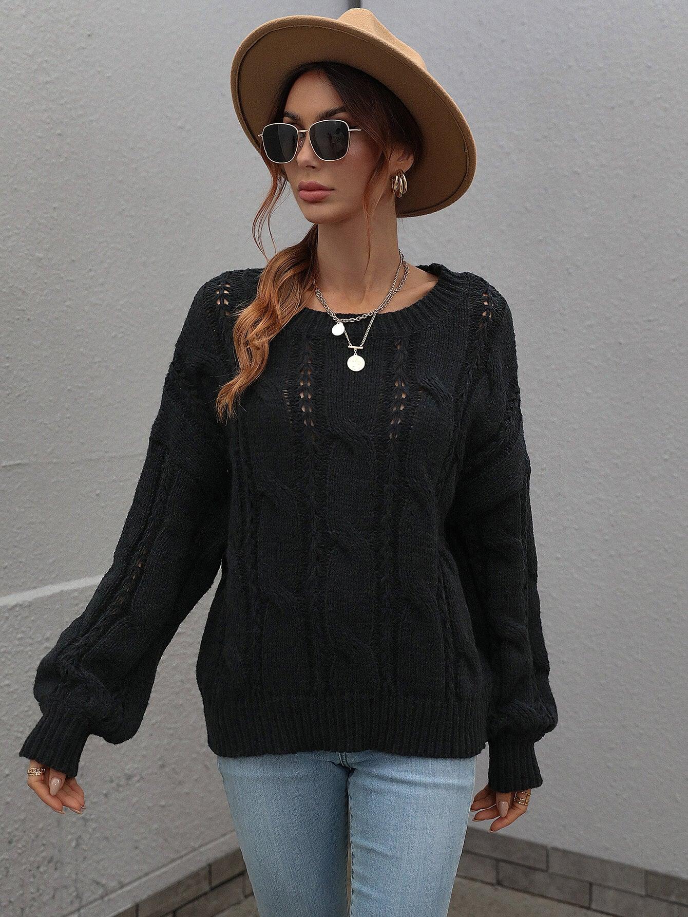 Woven Right Cable-Knit Openwork Round Neck Sweater - Sweater