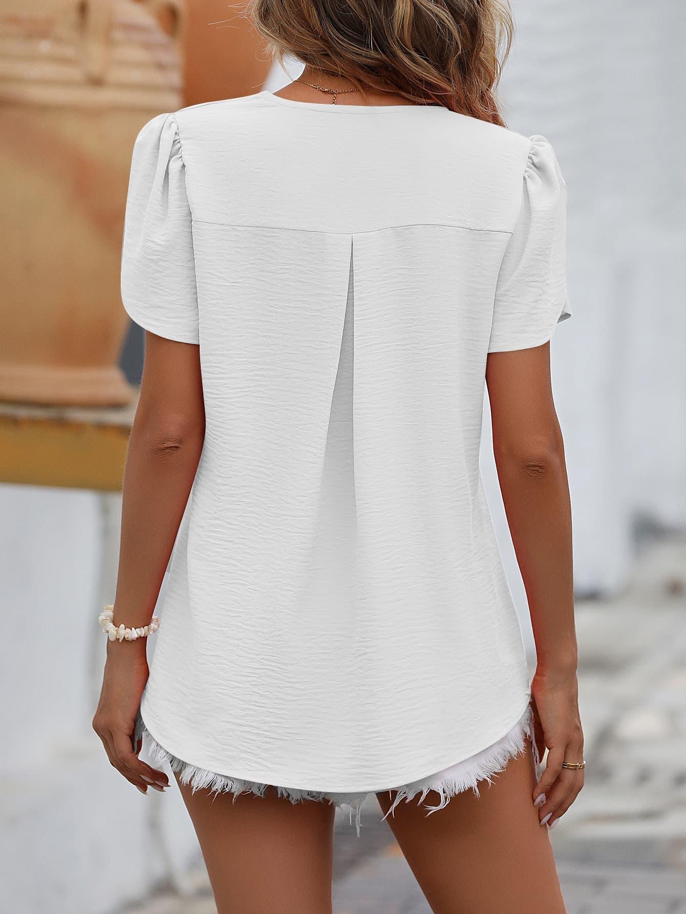 Ruched V-Neck Short Petal Sleeve Top - Top