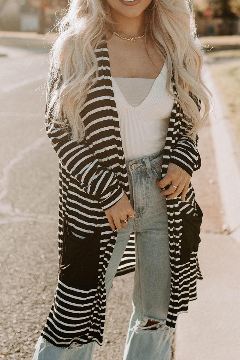 Striped Open Front Longline Cardigan - Cardigan