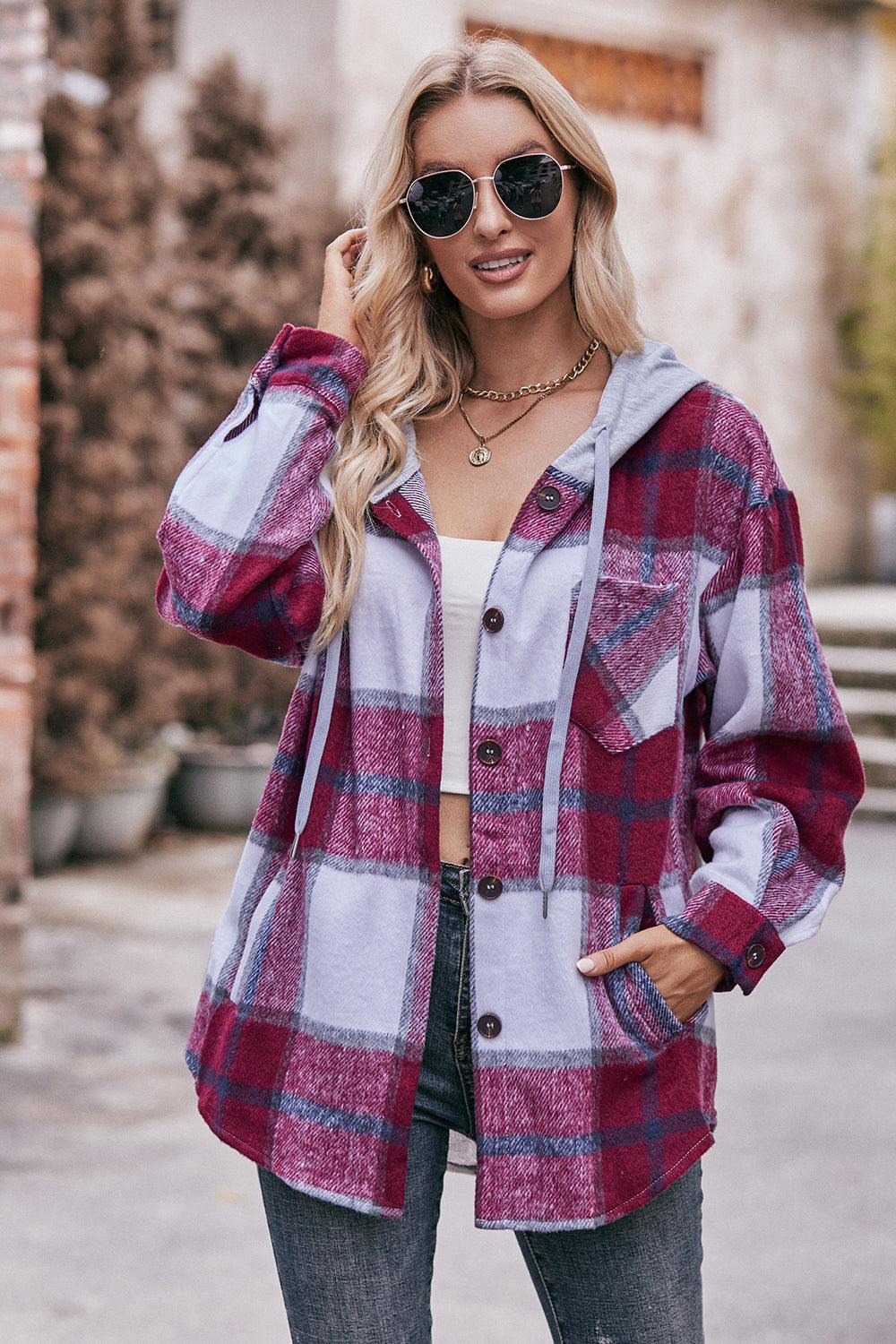 Plaid Dropped Shoulder Hooded Shacket - Jacket